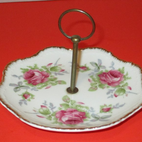 Small Porcelain Lefton China Serving Plate Hand Painted Roses 6" Center Handle - Picture 1 of 4